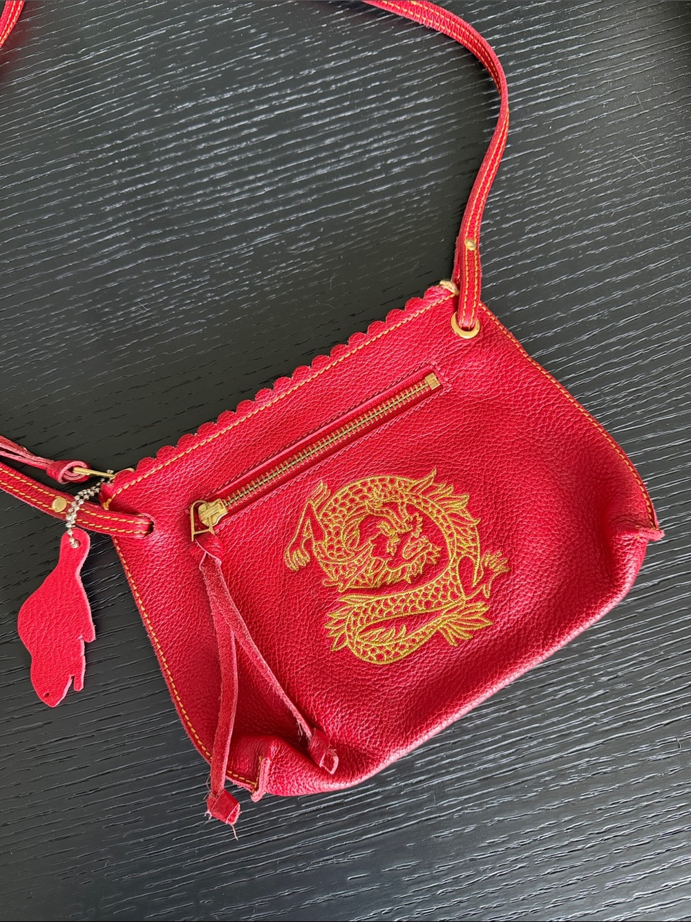 Vintage Roots Canada Red Leather Crossbody Bag with Gold Dragon Embroidery